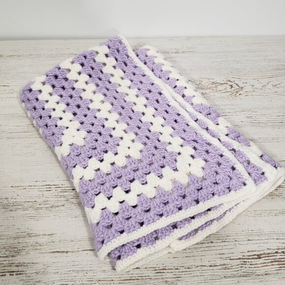 Purple & White Crocheted Baby Blanket  26" square - super soft - Picture 1 of 3